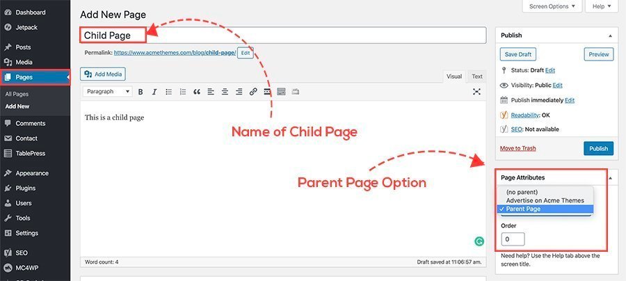 How to Create a Child Page in Wordpress