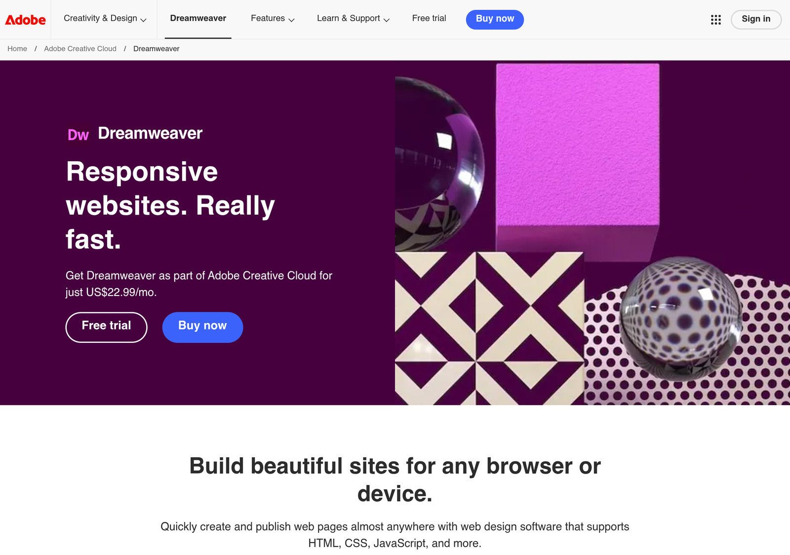 Adobe Dreamweaver homepage screenshot