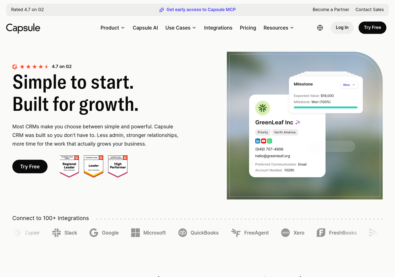Capsule CRM homepage screenshot