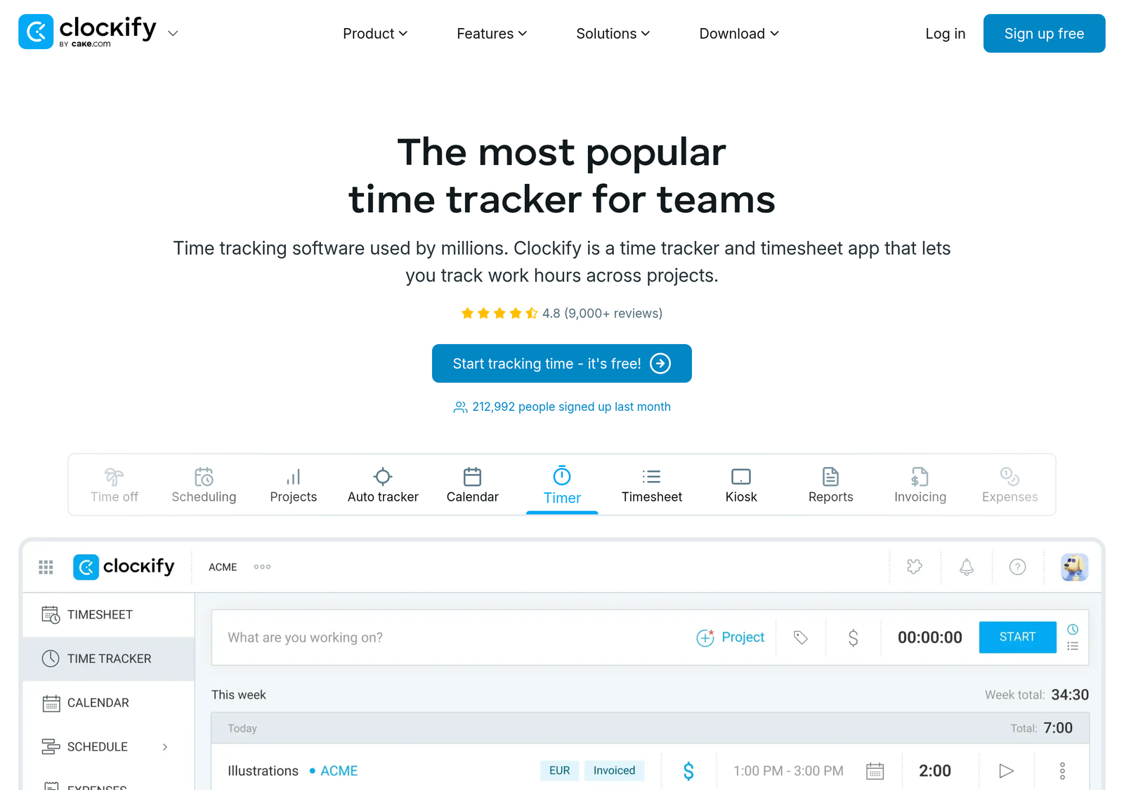 Clockify homepage screenshot