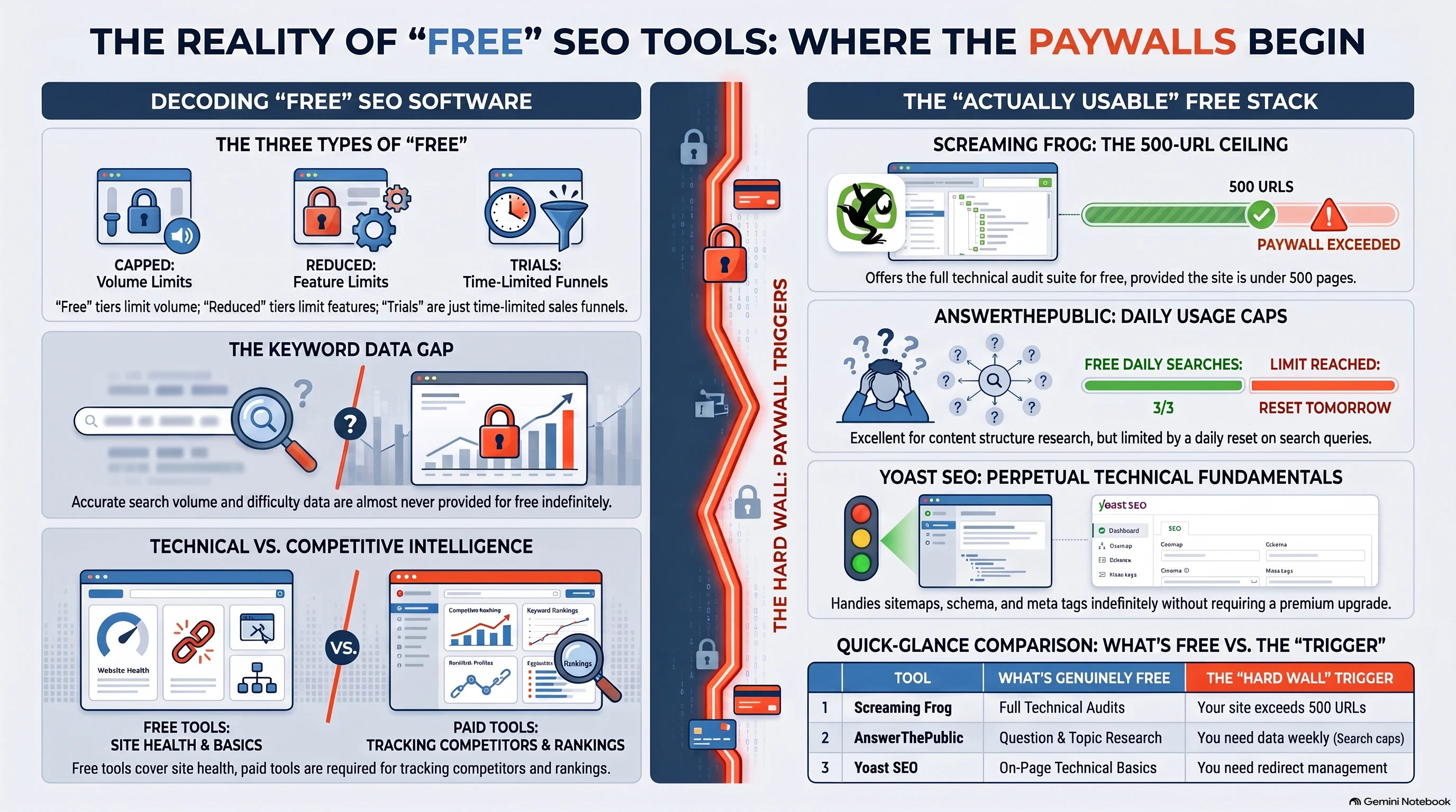 Infographic showing what is genuinely free vs capped in Screaming Frog, AnswerThePublic and Yoast SEO