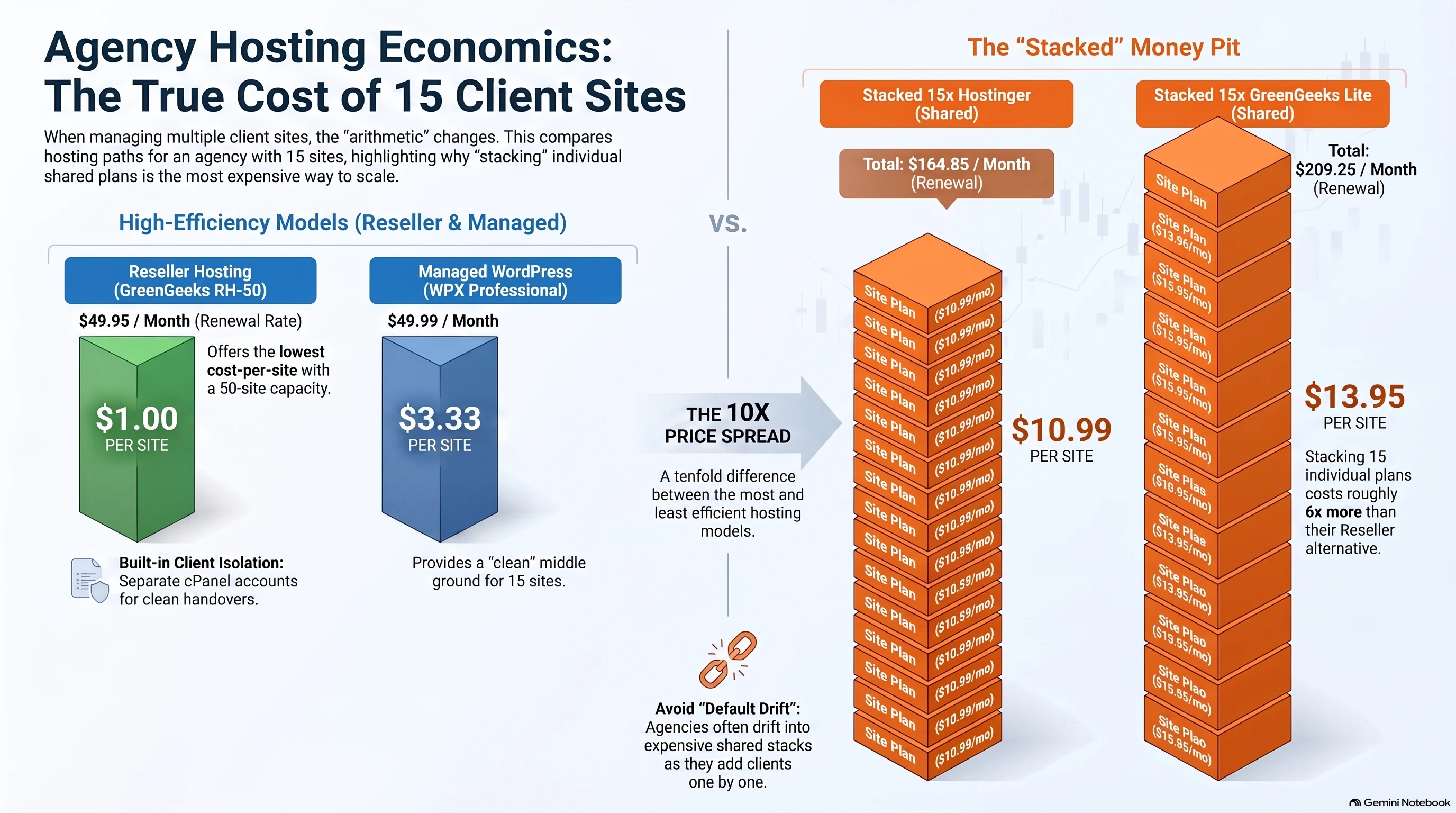 Infographic comparing true cost-per-site for 15 client sites across reseller, managed WordPress, and stacked shared hosting models