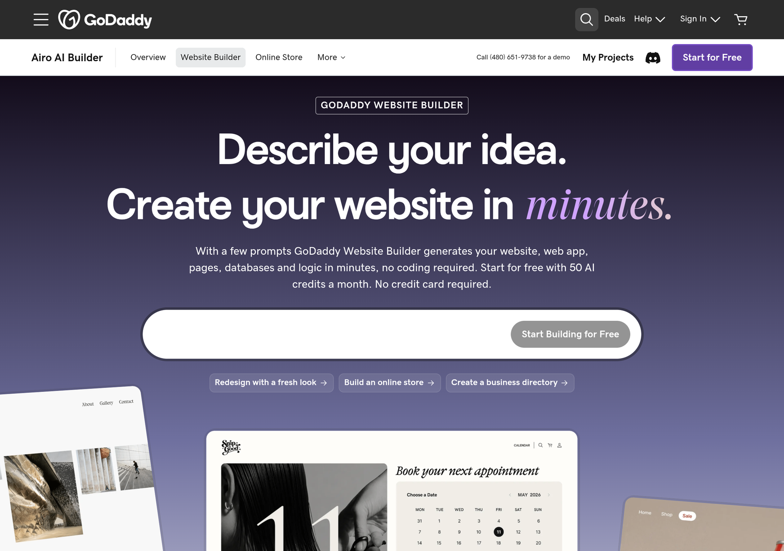GoDaddy Airo AI website builder page
