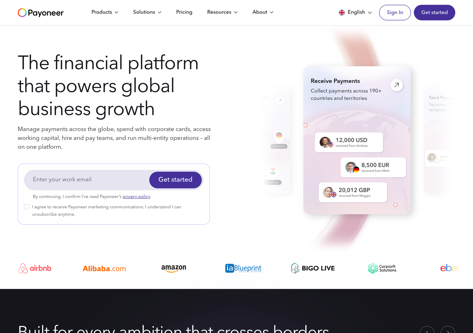 Payoneer's homepage