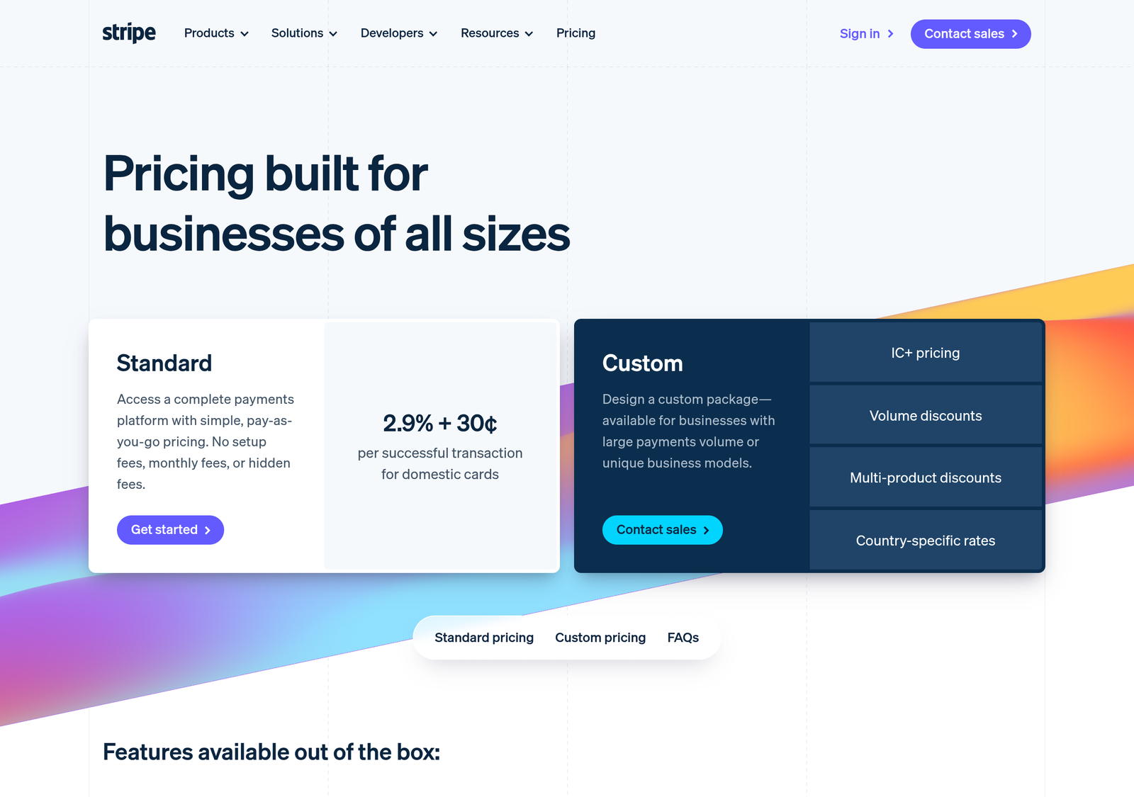 Stripe's pricing page showing 2.9% + 30 cents per successful domestic card transaction and a custom package with interchange-plus pricing